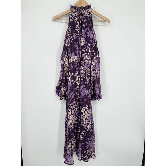 Lulu’s Storybook Sweetheart Cold Shoulder Midi Dress Floral Halter Ruffle Belted - Picture 10 of 13